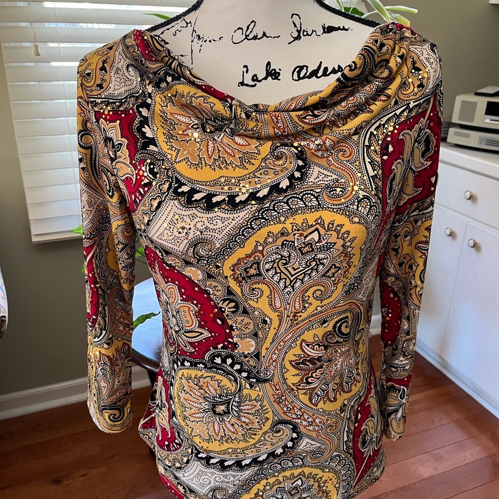 INC International Concepts Multicolor Paisley Cowl Neck Top